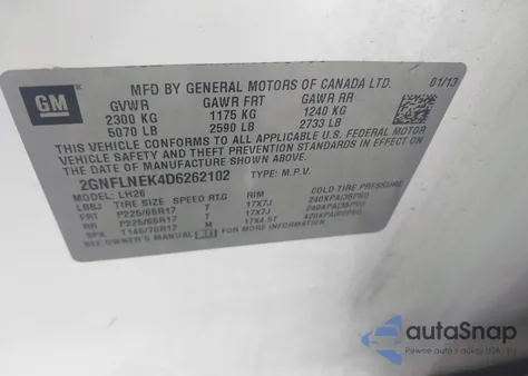 2013 Chevrolet Equinox 2Lt from USA, damaged, VIN 2GNFLNEK4D6262102